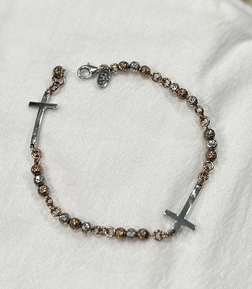 Vintage Delicate Sterling Silver Two Toned Beaded Cross Bracelet 925 ITALY